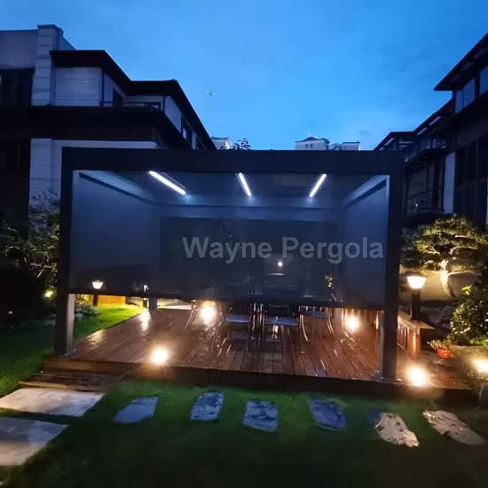 カスタマイズエクステリア 4X3 バルコニーガーデンソーラーカーポート電動ガゼボアルミフレーム仕上げ防水屋外パーゴラカーテン付き